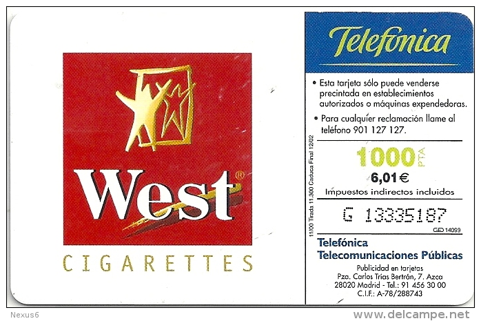 Spain - West Tobacco Formula 1 - CP-193 - 11.2000, 11.300ex, Used - Commemorative Advertisment