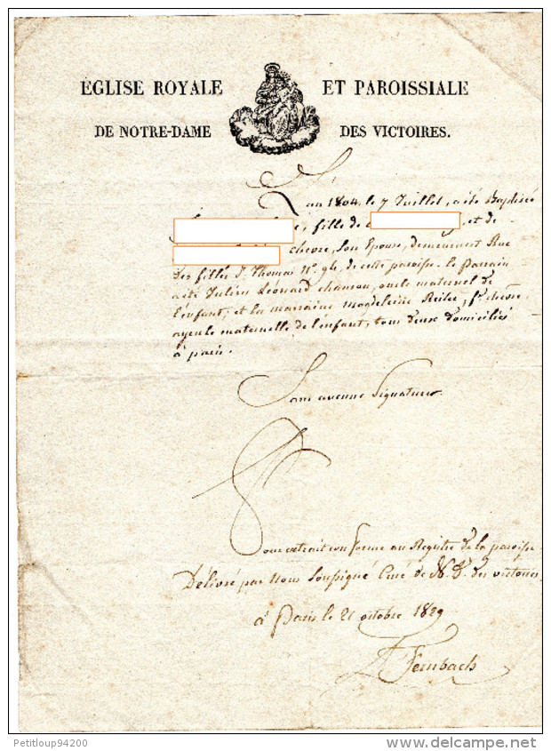 EGLISE ROYALE ET PAROISSIALE DE NOTRE-DAME DES VICTOIRES  Certificat De Baptême  OCTOBRE 1829 - Religione & Esoterismo