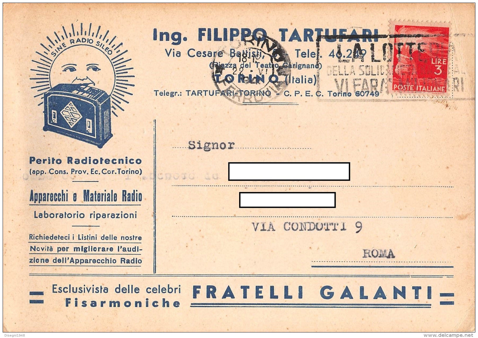 05718  "TORINO - ING. FILIPPO TARTUFARI - PERITO RADIOTECNICO" CARTOLINA COMM. INTESTATA, SPEDITA 1946 - Altri & Non Classificati
