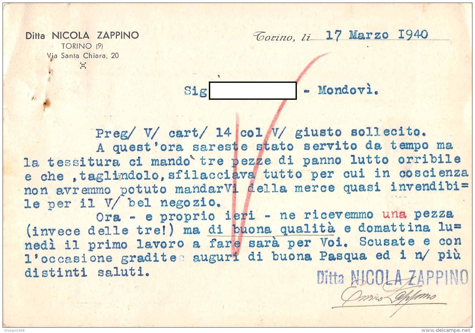 05719  "TORINO - FABBRICA CRAVATTE E BRETELLE - DITTA NICOLA ZAPPINO" CARTOLINA COMM. INTESTATA, SPEDITA 1940 - Altri & Non Classificati