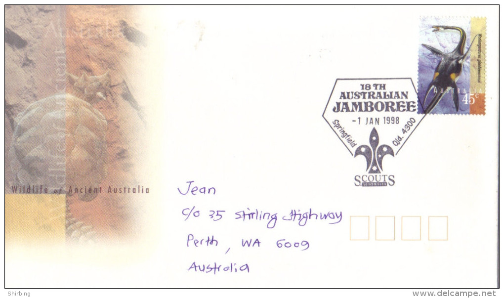 17C : Australia 18th Australian Jamboree Scout Pictorial Cancel, Dinosaur Stamp1 Used Cover - Brieven En Documenten