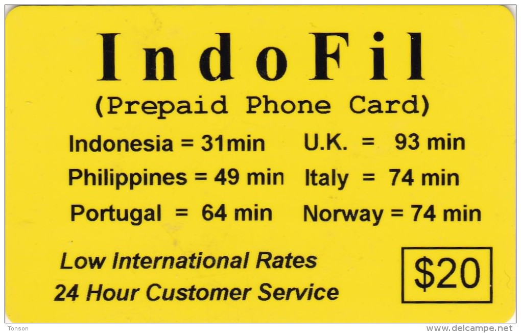 United States, $20, IndoFil Prepaid Phone Card, 2 Scans. - Magnetische Kaarten