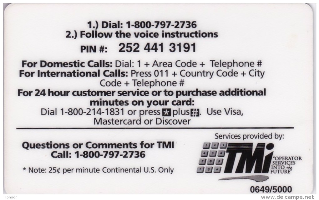 United States, $10, TMI Long Distance Phone Card, 2 Scans. - [3] Tarjetas Magnéticas