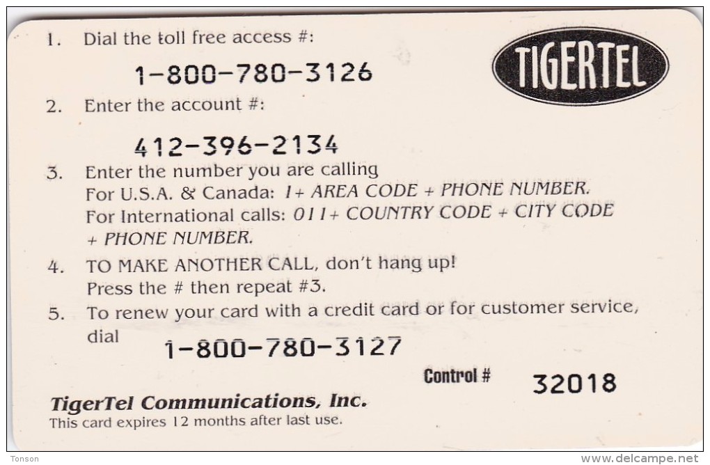 United States, TIGERTEL U.S./International Prepaid Calling Card, 2 Scans. - [3] Tarjetas Magnéticas