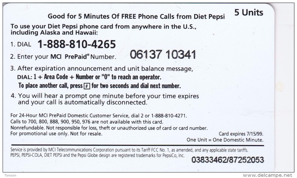 United States, USA-MCI-019, 5 Minuttes, Promotional Free Cards, Diet Pepsi, 2 Scans. - Cartes Magnétiques