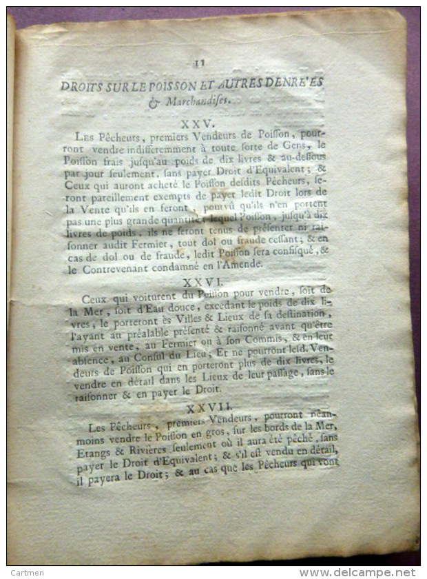 LANGUEDOC MONTPELLIER TOULOUSE REGLEMENT DE LA FERME DROITS SUR LES VIANDES POISSONS ETC..1754 - Documents Historiques