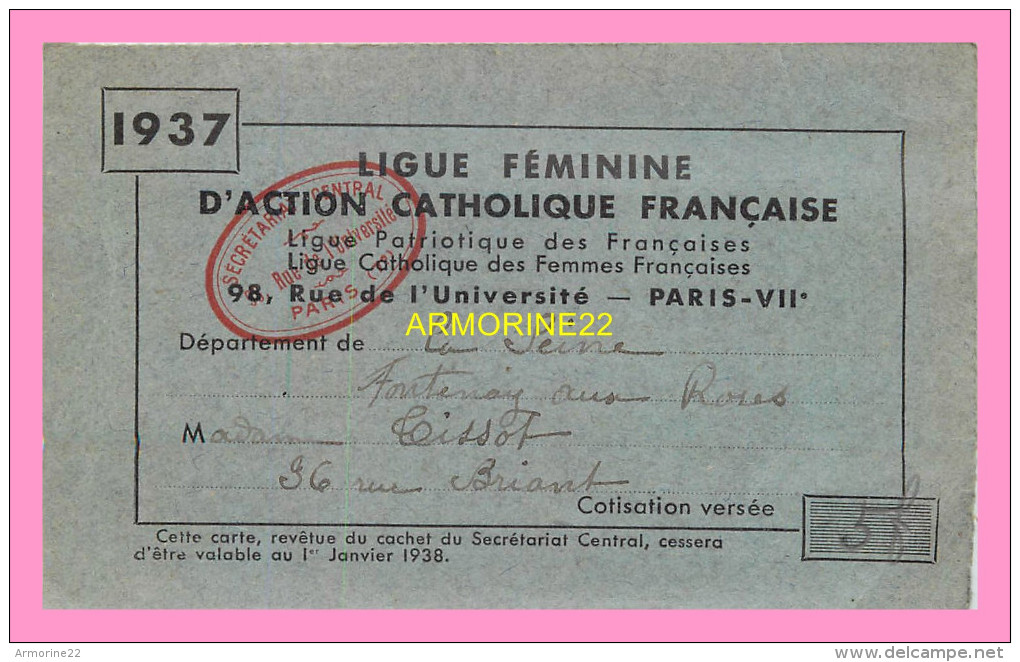 CARTE DE LA LIGUE FEMININE  D Action Catholique Francaise 1937 - Non Classés