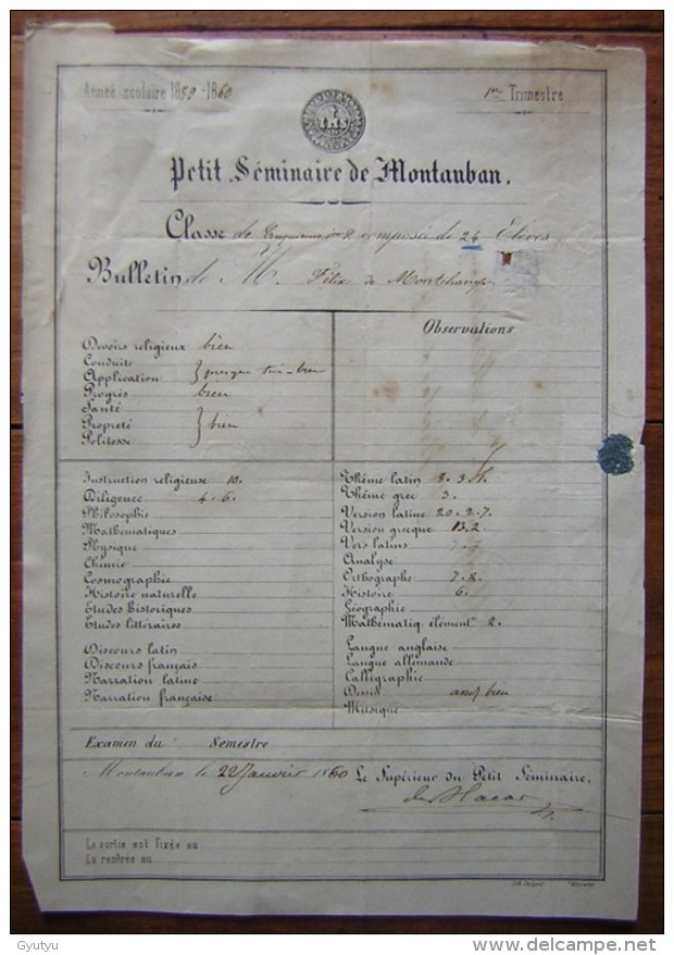 1860 Bulletin Du Petit Séminaire De Montauban Adressé à Madame Surrel De Montchamp à Saint Nicolas De La Grave - Diplômes & Bulletins Scolaires