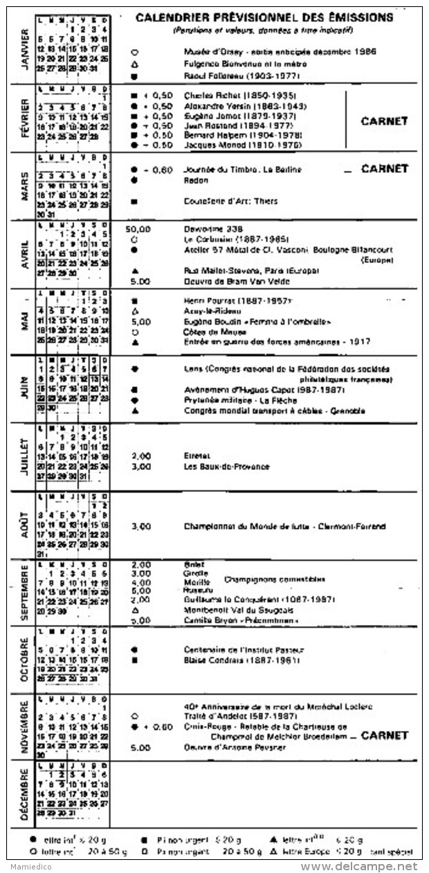 4 Calendriers (21,5 cm/10,5 cm) en 3 volets pliables.1987/88/91/93 dont JO d'Alberville. Emis par la poste