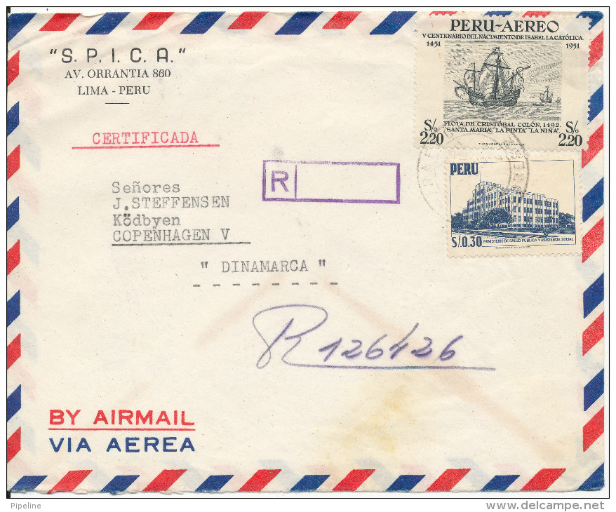 Peru Registered Air Mail Cover Sent To Denmark - Peru