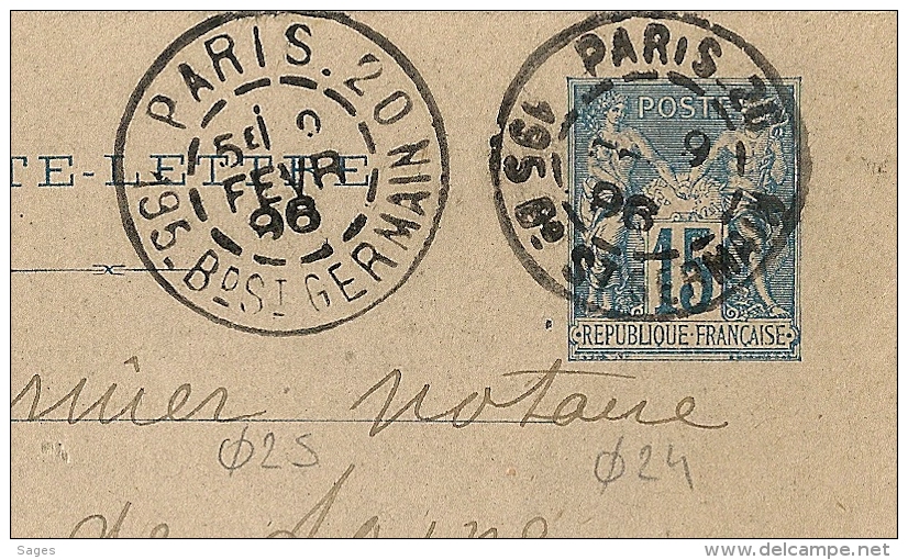 RARE En 1896, DAGUIN PARIS 20,  Cachets Diamètres Différents 25 Et 24 Mm + GRANDES Et PETITES LETTRES Sur ENTIER SAGE. - 1877-1920: Semi Modern Period