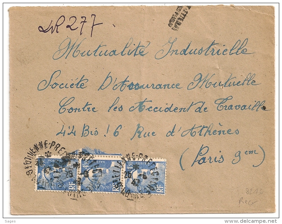 RECOMMANDE DE FORTUNE ST ETIENNE PREFECTURE Loire, BANDE 3 GANDON 4F50. - 1921-1960: Modern Period