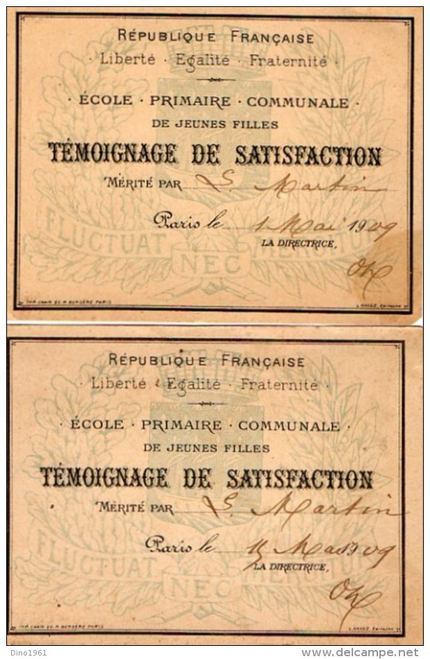 VP4888 - PARIS - Ecole . Primaire . Communale De Jeunes Filles - Témoignage De Satisfaction X 2 - Diplomi E Pagelle