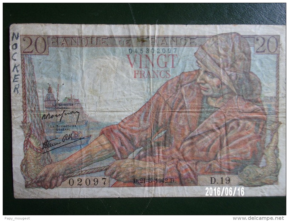 Pêcheur 20 Francs - 1942 - Plié Avec écriture - 20 F 1942-1950 ''Pêcheur''