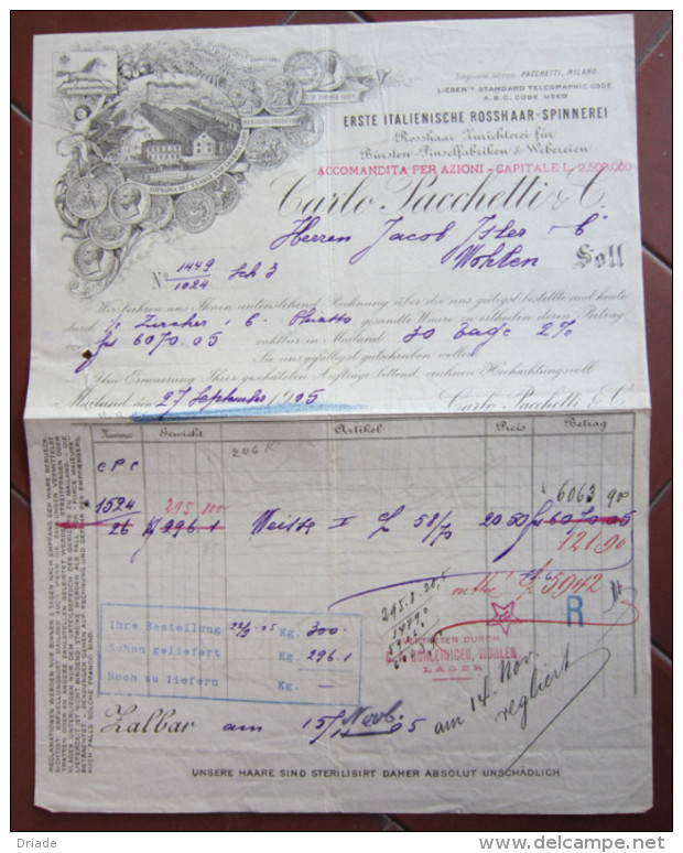 FATTURA PACCHETTI FABBRICA FILATURA CRINE BURSTEN PINSELFABRIKEN WEBEREIEN WOHLEN MILANO ANNO 1905 - Austria