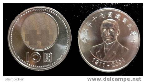 2001 Taiwan 90th Anni. Of Rep China NT$10.00 Coin Sun Yat-sen - Taiwán