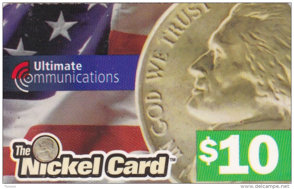 United States, PRE-US-1094, Ultimate Communications, $10, Nickel Card, Coin And Flag, 2 Scans. - Sonstige & Ohne Zuordnung