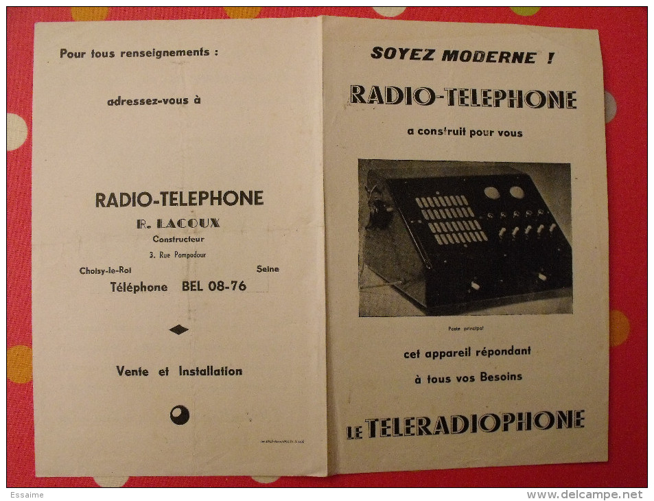 Publicité Teleradiophone (radio-téléphone). R. Lacoux. Choisy Le Roi. Vers 1930 - Advertising