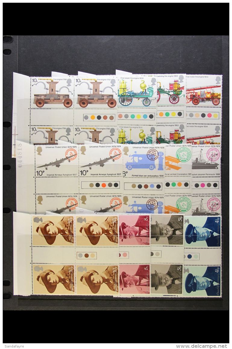 1974 Fire Service, U.P.U. And Churchill Sets In Never Hinged Mint Marginal Blocks Of Four Including All The... - Otros & Sin Clasificación