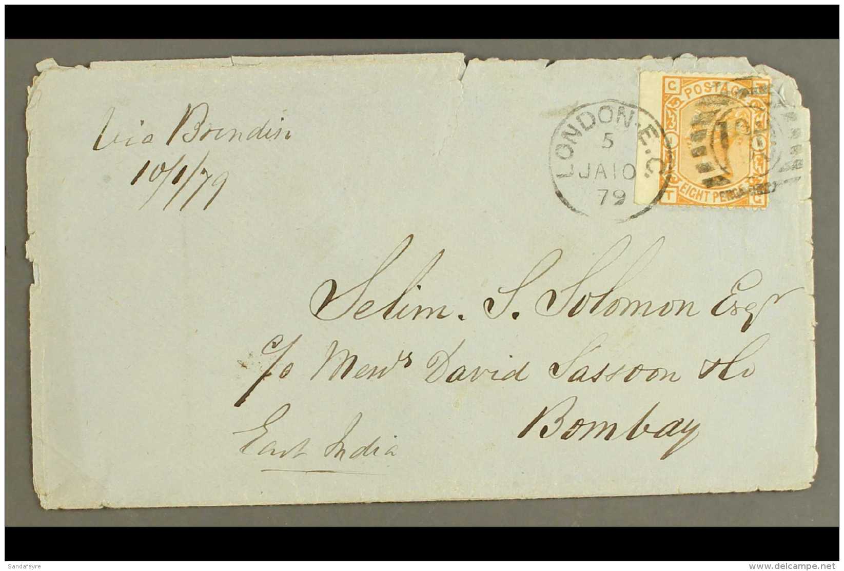 1876 8d Orange, SG 156, Wing Margin With Straight Edge At Left, Tied To 1879 (10 Jan) Cover To Bombay, "SEA POST... - Andere & Zonder Classificatie