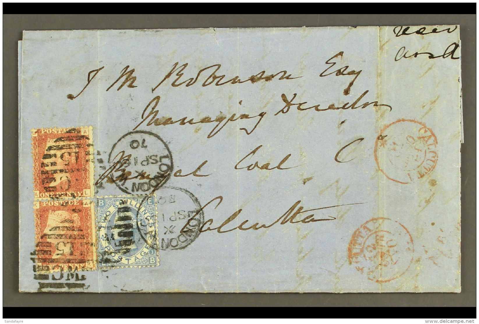 1870 (16 SEP) COVER TO CALCUTTA Bearing 1867-80 2s Dull Blue Plate 1, SG 118, Plus 1d Plate 139 Pair, These Tied... - Altri & Non Classificati