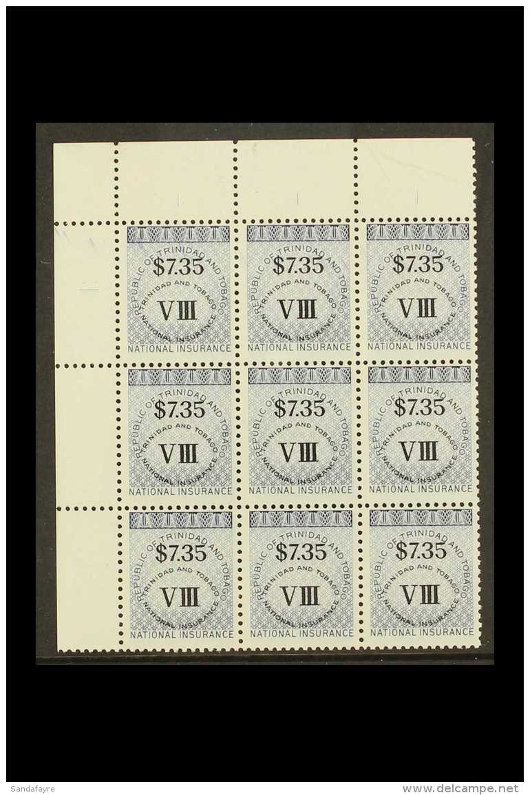 REVENUES NATIONAL INSURANCE 1990 $7.35 Class VIII Error In Dark Blue, Barefoot 14, Never Hinged Mint BLOCK OF 9.... - Trindad & Tobago (...-1961)