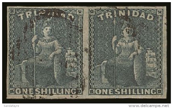 1859 1s Indigo, SG 29, Very Fine Used PAIR With 4 Margins &amp; Light Pmks. The Left Side Stamp With Pressed... - Trindad & Tobago (...-1961)