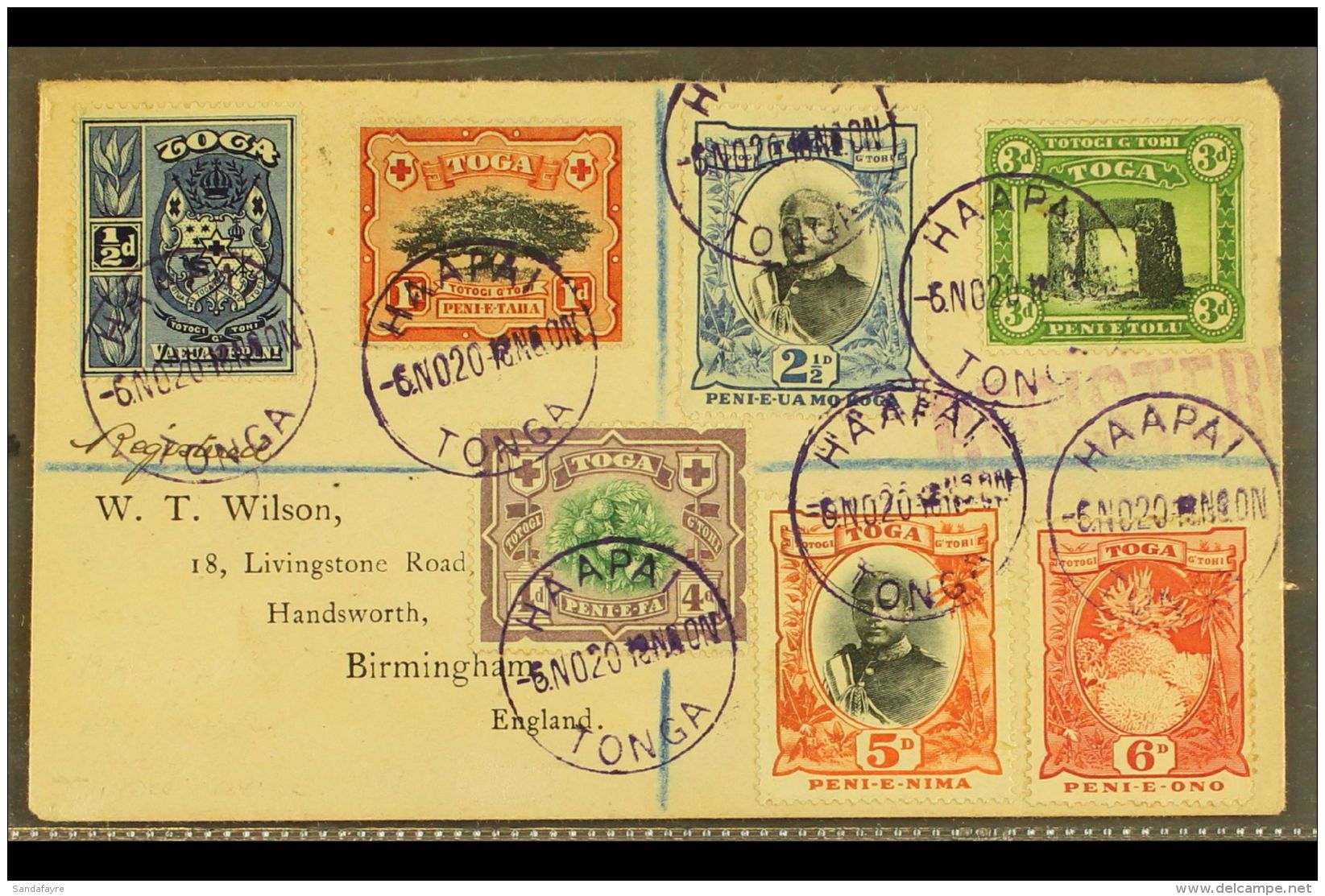 1920 (6 Nov) Registered Cover To England Bearing 1897 &frac12;d, 1d, 2&frac12;d, 3d, 4d, 5d &amp; 6d (SG 38/39... - Tonga (...-1970)