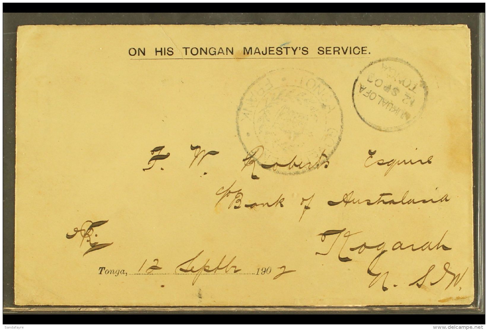 1902 (12 Sept) OHMS Envelope To Australia Bearing Government Frank Cachet With Nukualofa Cds Alongside; On Reverse... - Tonga (...-1970)
