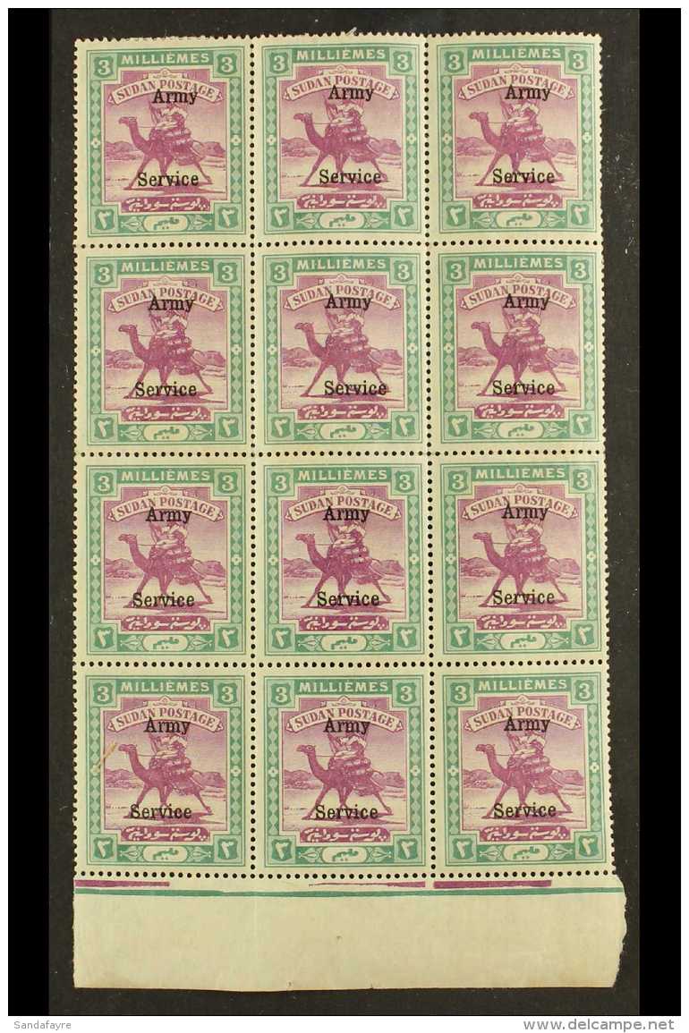 ARMY SERVICE 1906-11 3m Mauve And Green, SG A8, A Fine Mint Lower Marginal BLOCK OF TWELVE (3 X 4), With Nine Of... - Sudan (...-1951)