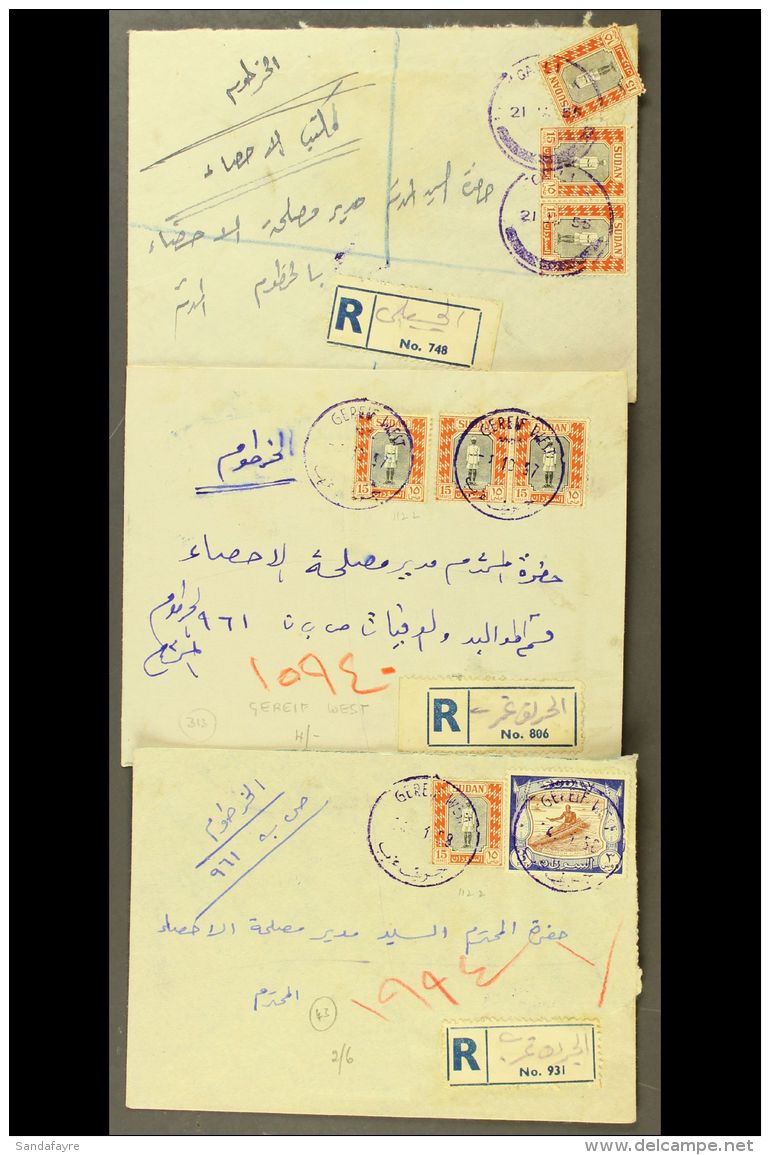 1955-1958 LOCAL POSTAL AGENCIES. Three Registered Covers With Stamps Tied By "Gereif West" (x2) And "Gaili" Violet... - Sudan (...-1951)