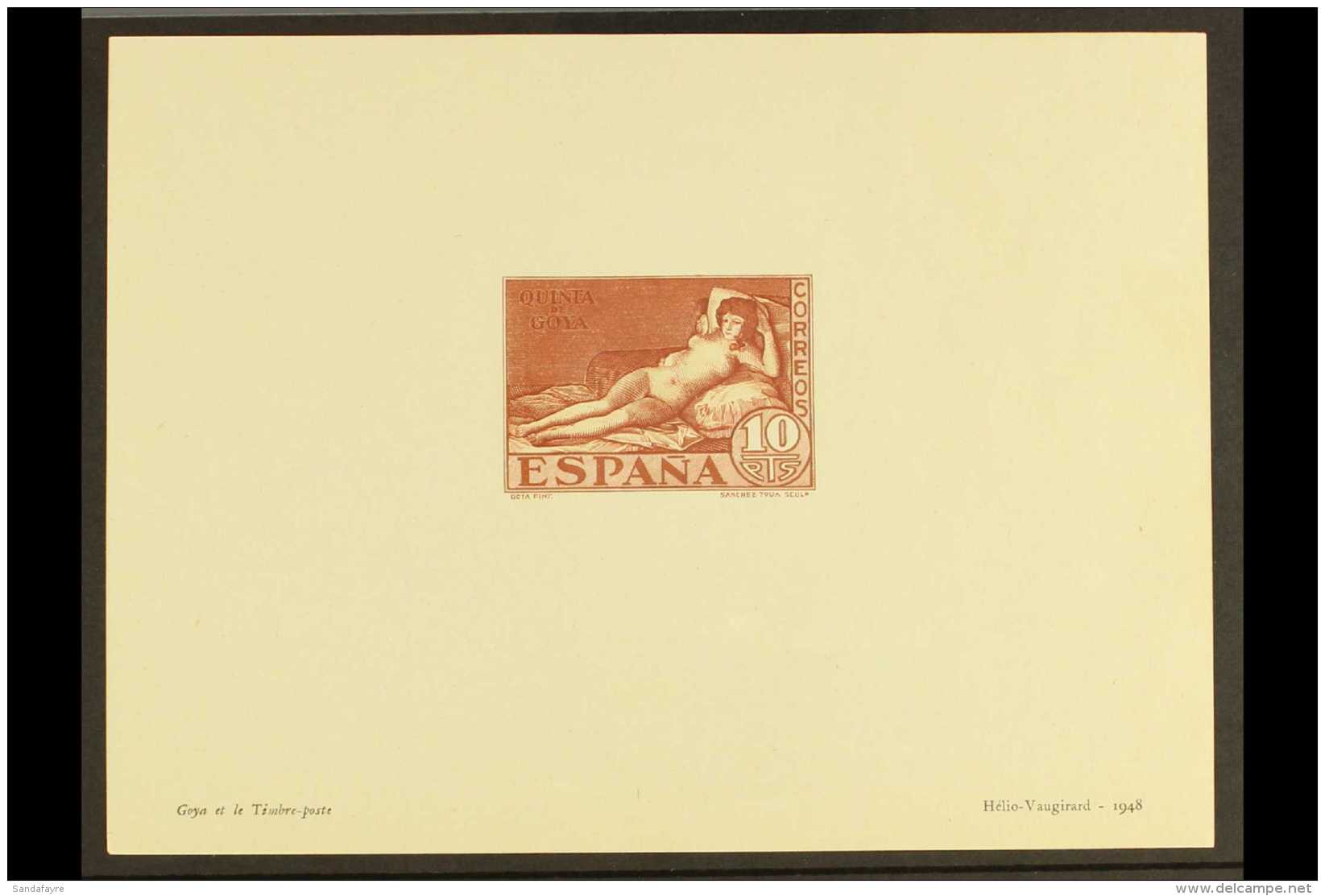 GOYA - HELIO VAUGIRARD PROOF 1948 Helio-Vaugirard Sample Die Proof Of The 1930 10p Red-brown "The Naked Maya" (SG... - Otros & Sin Clasificación