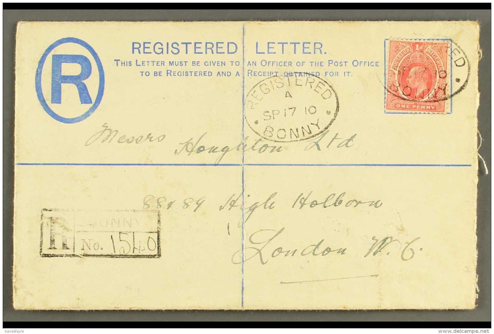 1910 (17 Sept) 2d Blue Registered Stationery Env Addressed To London Uprated With 1d Carmine Stamp Tied Bonny... - Nigeria (...-1960)