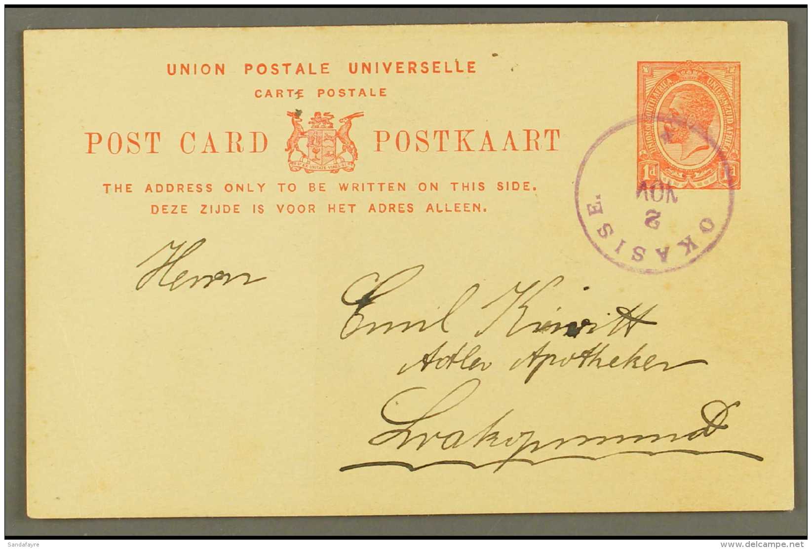1921 (2 Nov) 1d Union Postal Card To Swakopmund Cancelled By Very Fine "OKASISE" Rubber Cds Postmark In Purple... - Zuidwest-Afrika (1923-1990)