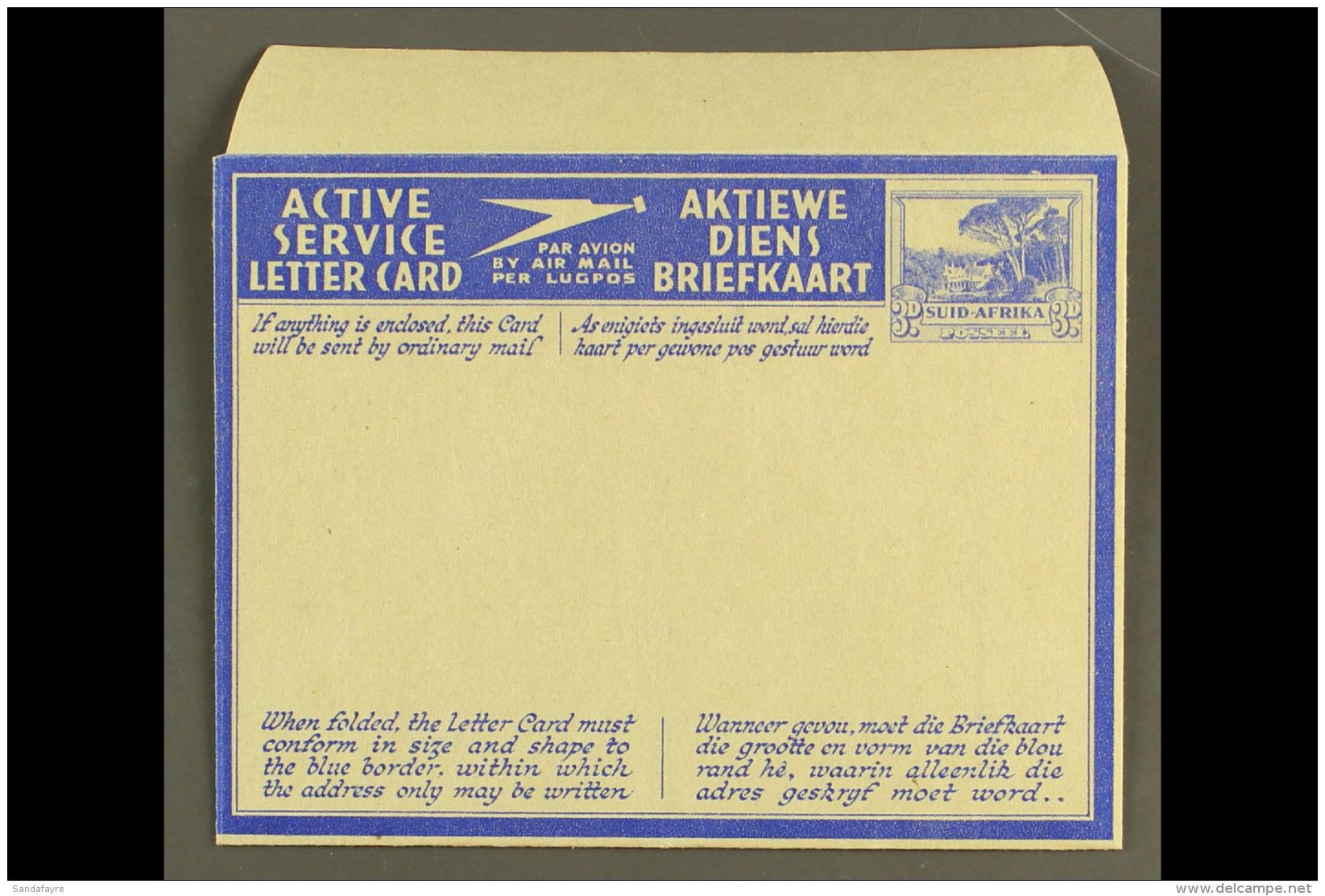 AEROGRAMME 1941 3d Ultramarine On Pale Buff With Blue Overlay, Afrikaans Stamp Impression With Tops Of Trees... - Non Classificati