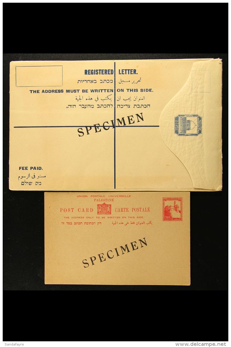 POSTAL STATIONERY WITH "SPECIMEN" OVERPRINTS 1927 7m Red Card Plus 1928 13m Registered Envelope (larger Size),... - Palestina