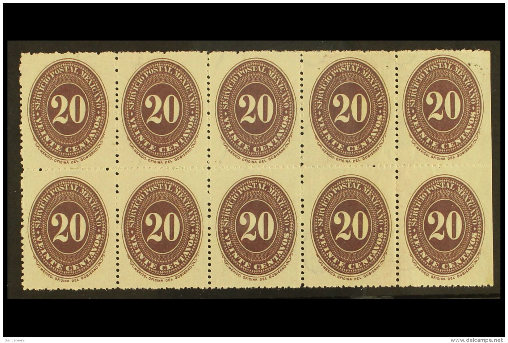 1890-95 20c Dark Violet Numeral Watermarked Wove Paper Perf 12, Scott 220A, Never Hinged Mint Marginal BLOCK Of 10... - Mexiko