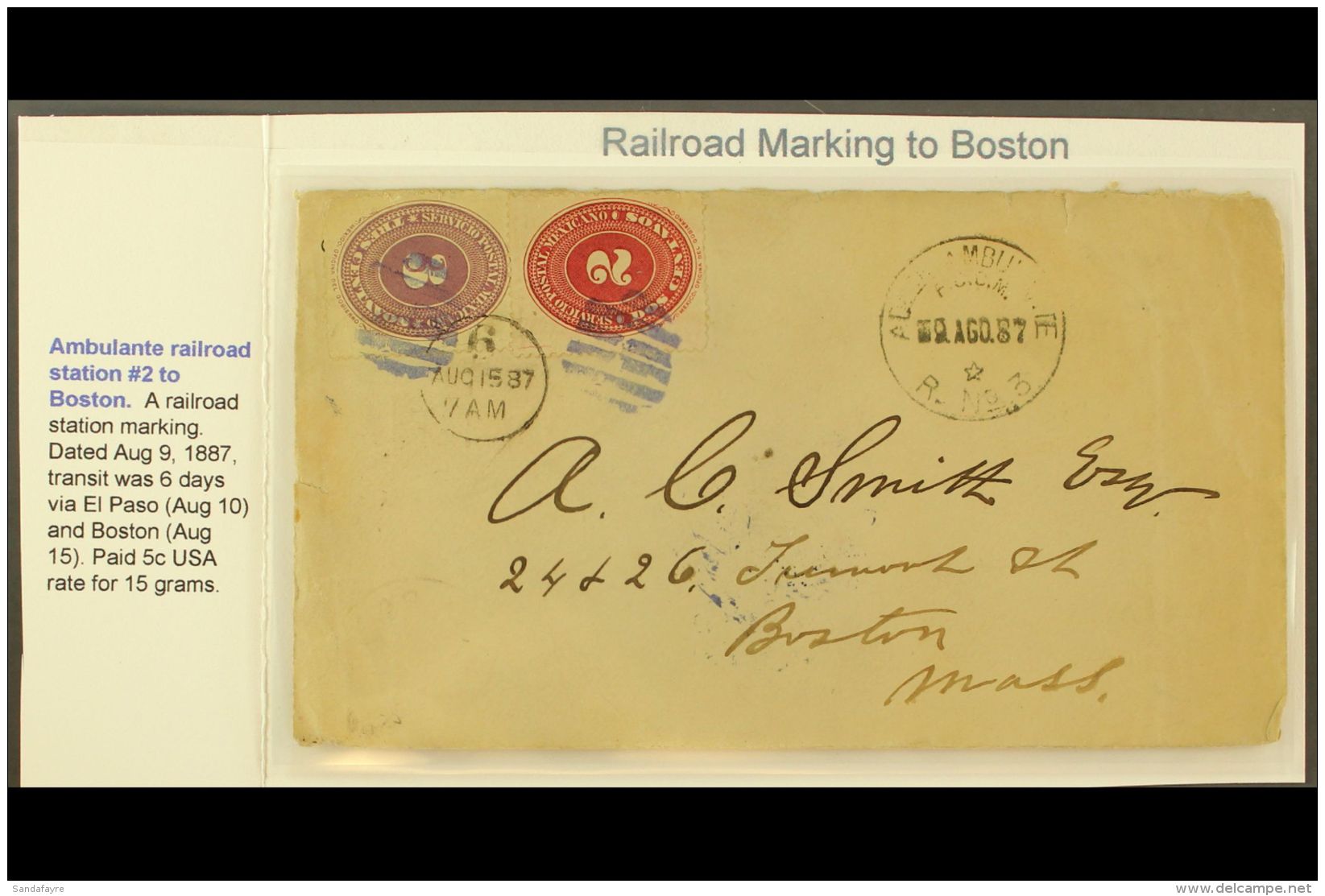 1887 RAILWAY POSTMARKS ON COVER. (8 Aug) Cover Addressed To USA, Bearing 1886 2c &amp; 3c (Scott 175/76) Tied By... - México
