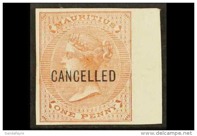 1863 1d Brown De La Rue (SG 57) IMPERF PLATE PROOF Overprinted "Cancelled" On White Surfaced Paper With 4 Good... - Mauricio (...-1967)