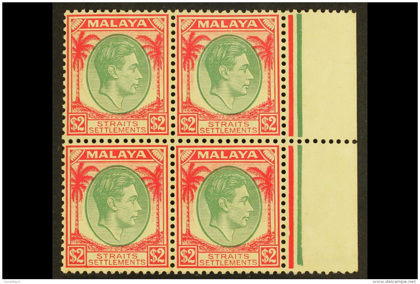 1937-41 $2 Green And Scarlet, SG 291, Never Hinged Mint Marginal BLOCK OF FOUR, Usual Streaky Gum. (4 Stamps) For... - Straits Settlements