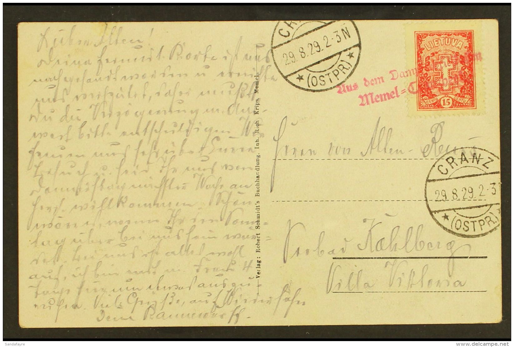 1929 CRANZ - MEMEL SHIP LINE. (29 Aug) Picture Postcard Addressed To Kahlberg, Bearing 15c Stamp Tied By Rare "Aus... - Litauen