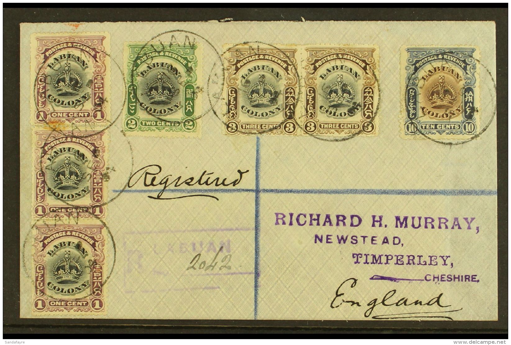 1904 (16 Sept) Env Registered To England Bearing A Very Scarce 7- Stamp Franking Of The 1902-03 "Crown" 1c Strip... - Borneo Del Nord (...-1963)