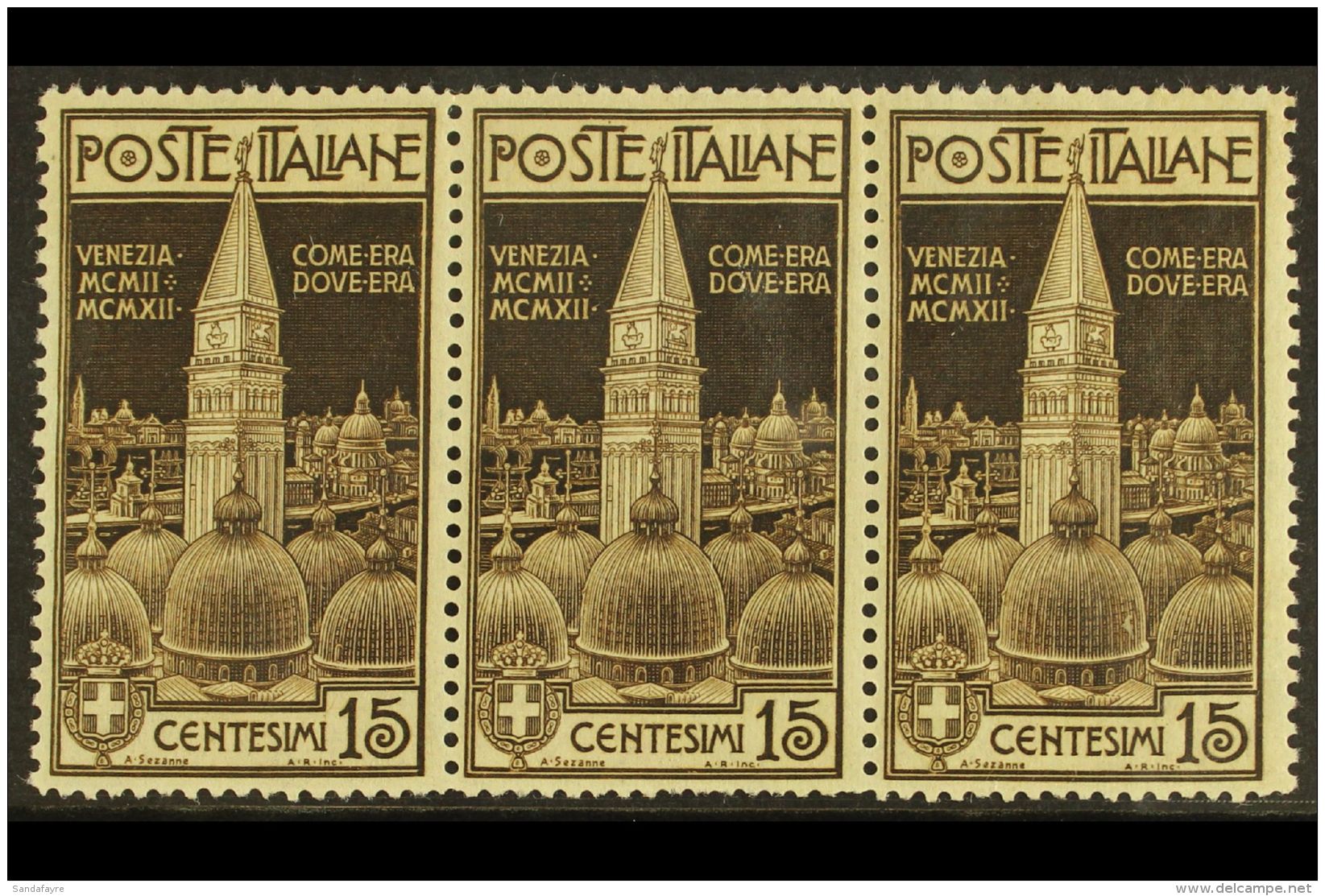 1912 15c Brown St Mark's Bell Tower, Sassone 98, Never Hinged Mint Horizontal Strip Of Three, With Excellent... - Non Classificati