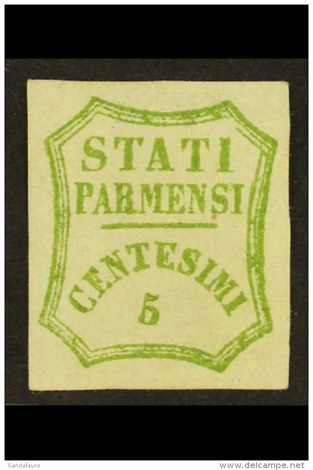 PARMA 1859 5c Yellow Green Provisional Government, Sass 13, Unused, No Gum, Good Centering. Cat &euro;250... - Non Classificati