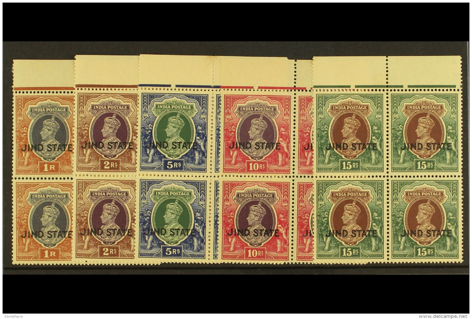 JIND 1937-38 NEVER HINGED MINT KGVI High Values Set In Marginal BLOCKS OF 4 From 1r To 15r (SG 121/125) . An... - Otros & Sin Clasificación