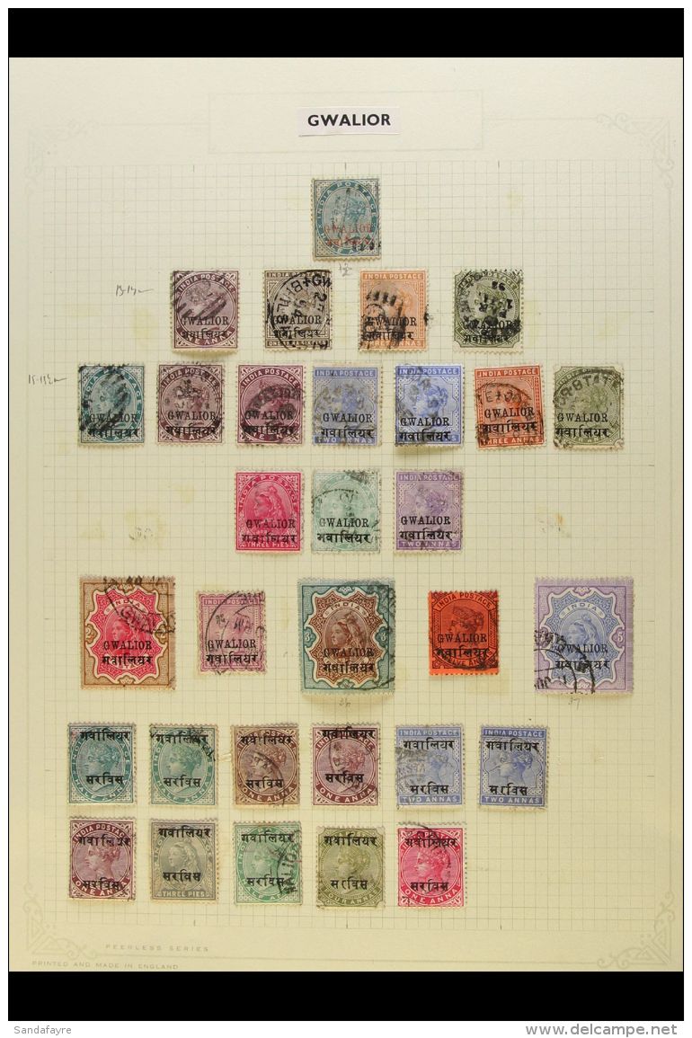 GWALIOR 1885-1942 USED COLLECTION On Leaves, Mostly All Different, Inc 1885-97 Type 2 Opts In Black Most Vals To... - Andere & Zonder Classificatie