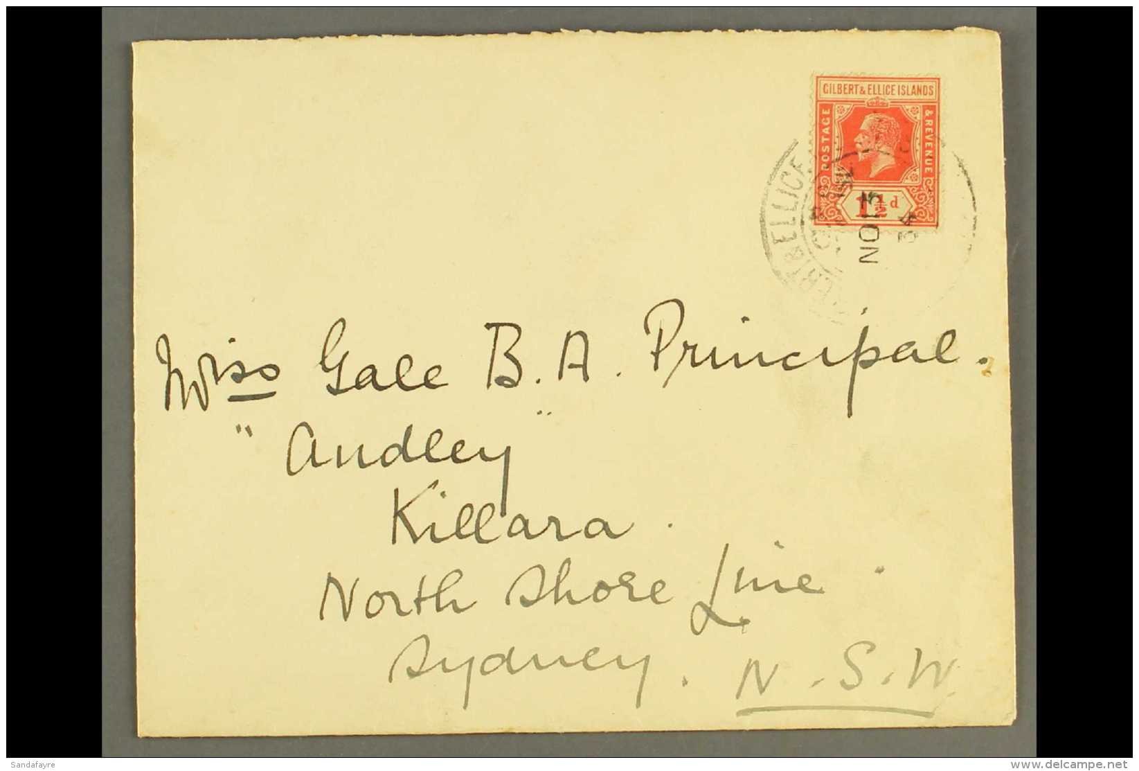 OCEAN ISLAND 1934 Cover Bearing KGV 1&frac12;d Cancelled With"Gilbert &amp; Ellice Islands / Ocean Island" Pmk.... - Islas Gilbert Y Ellice (...-1979)