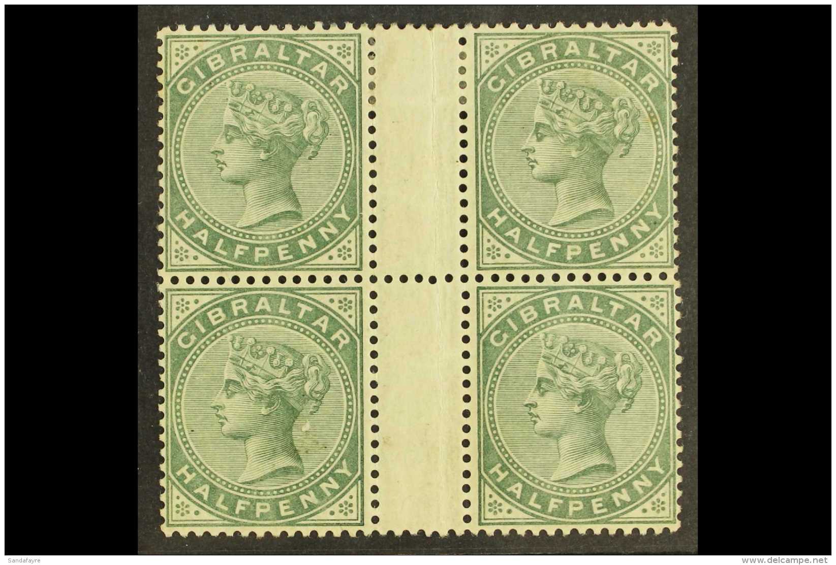 1898 &frac12;d Grey-green, Wmk Crown CA, SG 39, Fine Mint GUTTER BLOCK Of 4, Folded Down Gutter Margin, Scarce... - Gibraltar