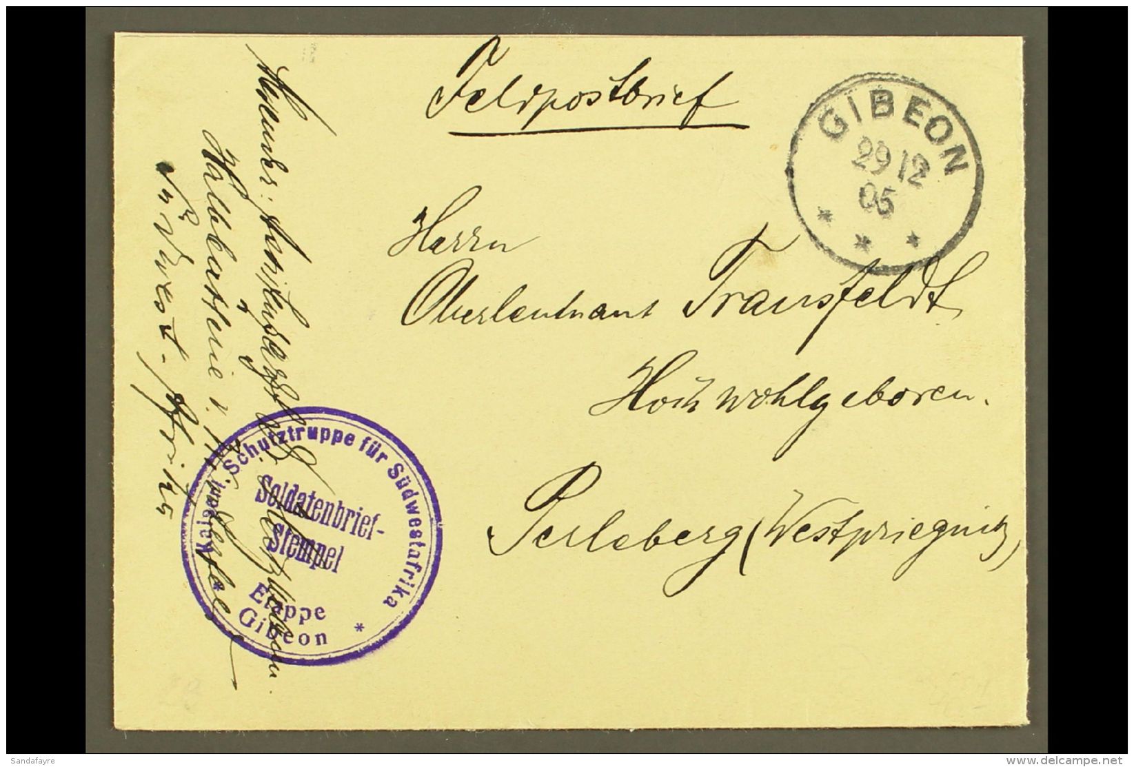 SOUTH WEST AFRICA 1905 (29 Dec) Stampless "Feldpostbrief" Cover To Germany Showing Very Fine "GIBEON" Cds... - Sonstige & Ohne Zuordnung