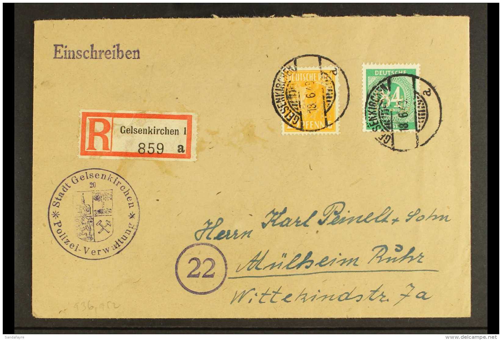 AMERICAN &amp; BRITISH ZONE 1948 (18 June) Registered Cover Bearing 25pf &amp; 84pf Stamps (Michel 936 &amp; 952)... - Altri & Non Classificati